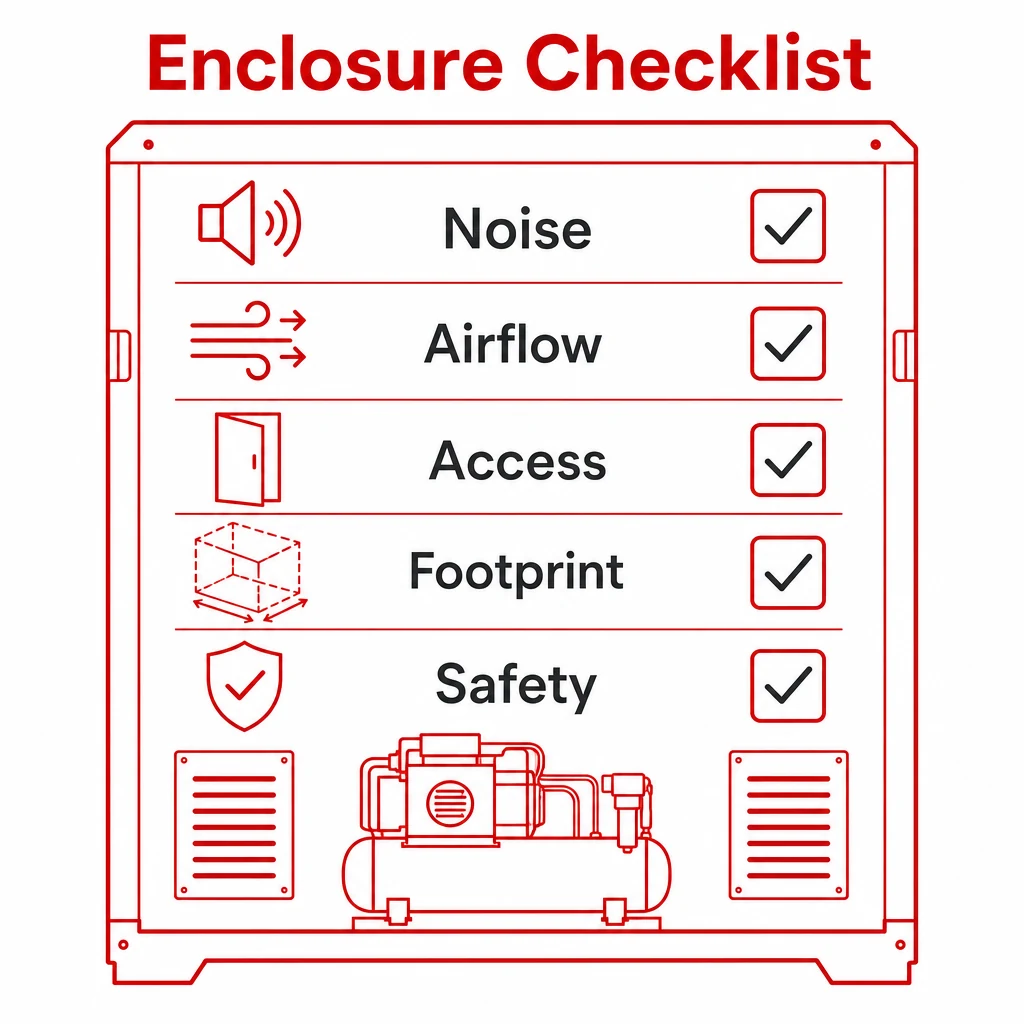 Checklist graphic for specifying a compressor acoustic enclosure.