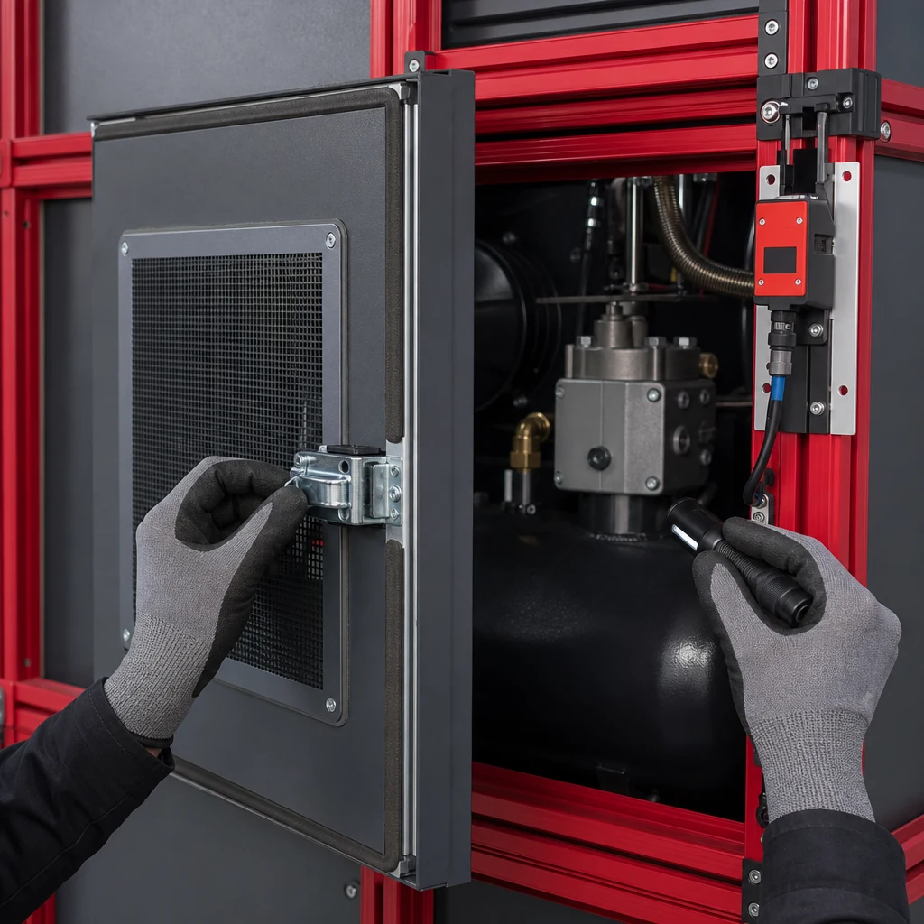 Gloved hands opening an acoustic enclosure access door for inspection.