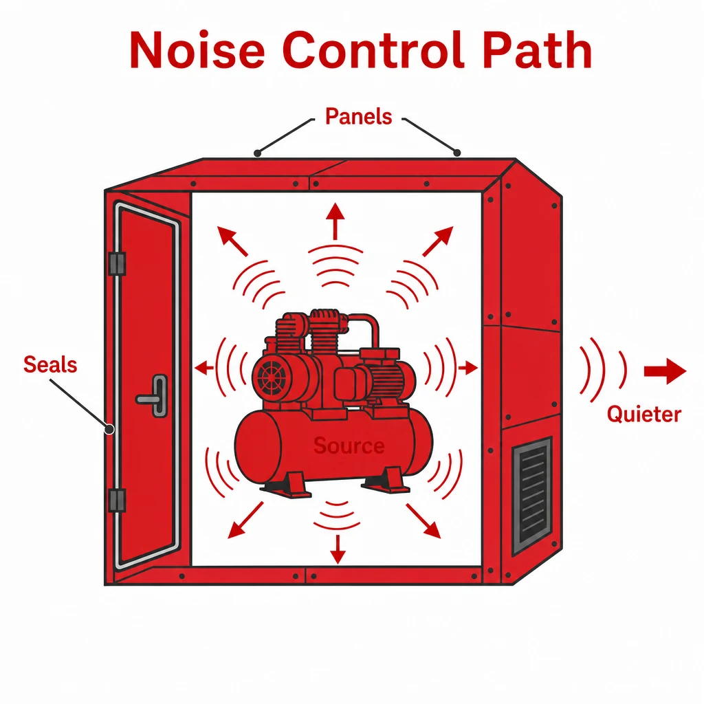 Graphic showing compressor noise reduced by acoustic panels and seals.