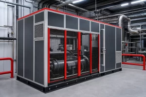 Industrial compressor inside a red and dark grey acoustic enclosure.