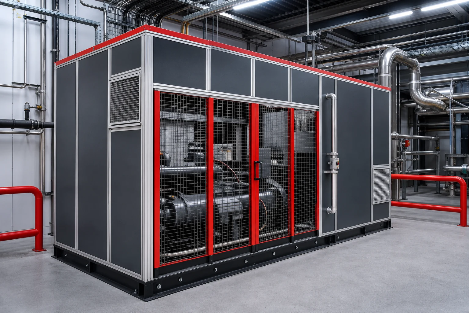 Industrial compressor inside a red and dark grey acoustic enclosure.