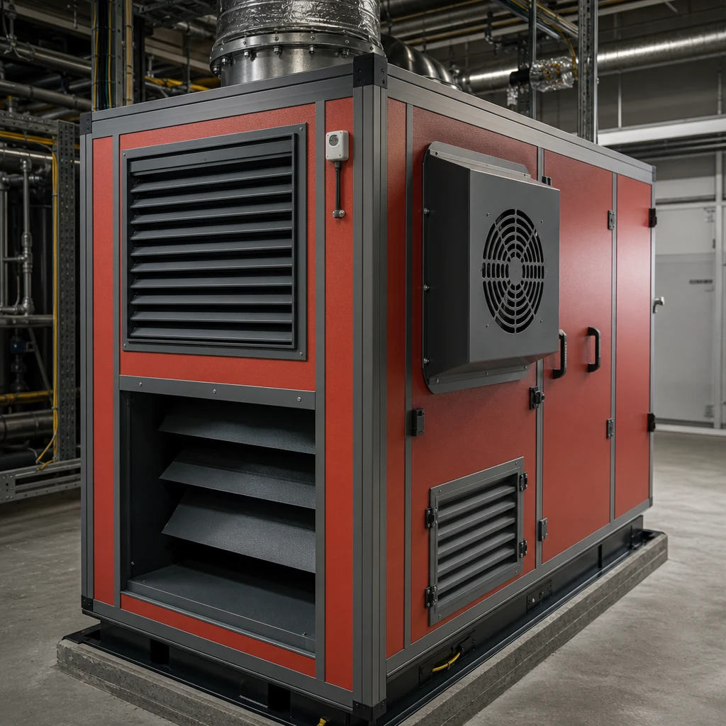 Ventilation grilles and ducting built into an acoustic compressor enclosure.