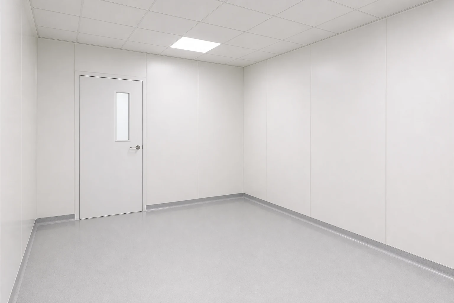 Clean, finished cleanroom interior corner with white panels and a grid ceiling.