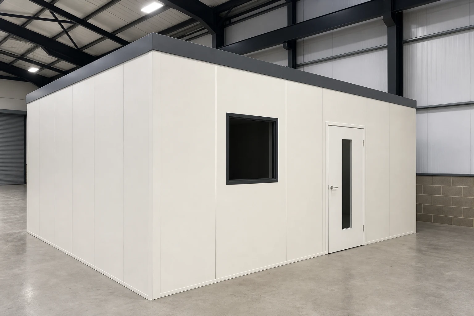 Finished modular cleanroom with solid white panels, a vision window and a white door.