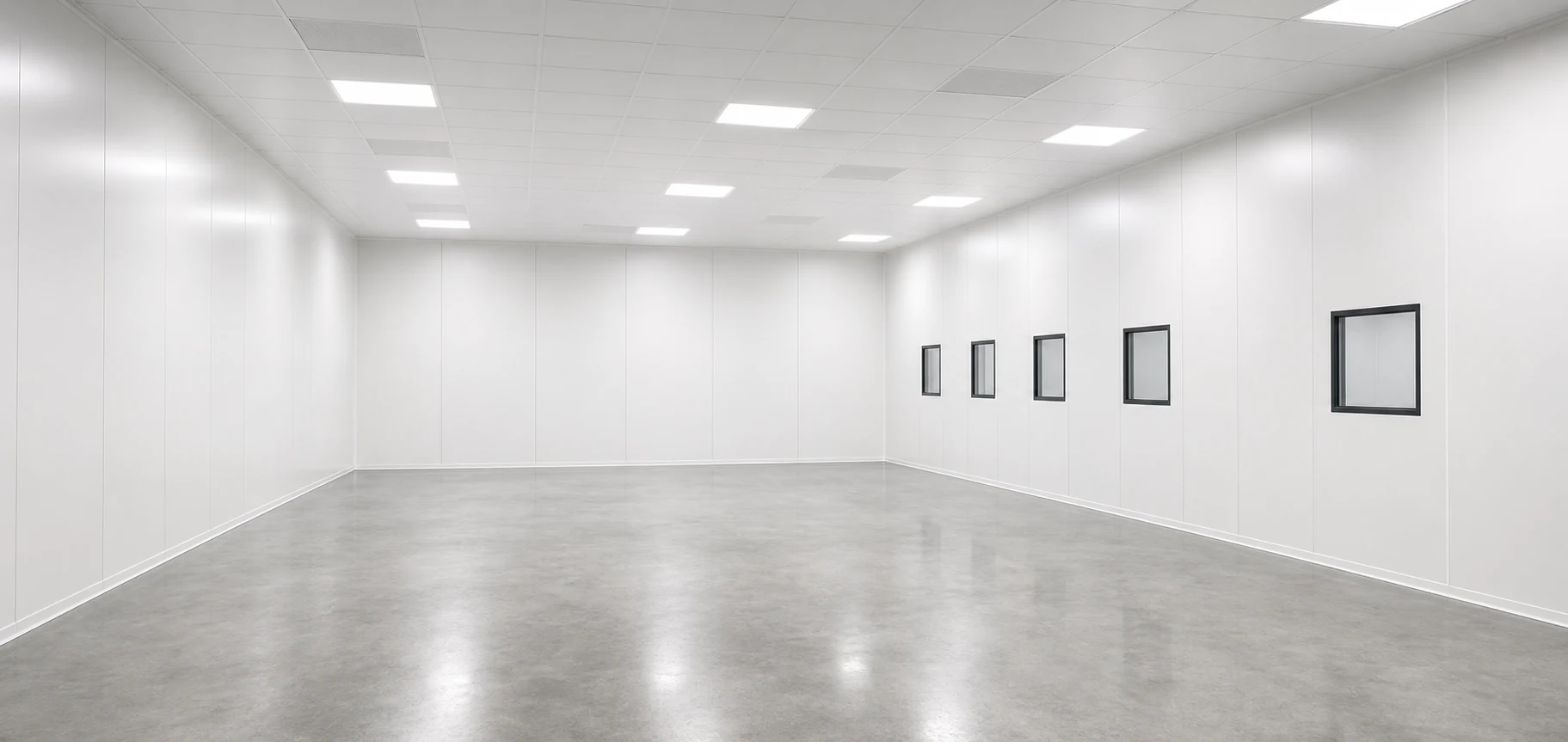 Inside a finished white modular cleanroom with solid wall panels and an LED grid ceiling.