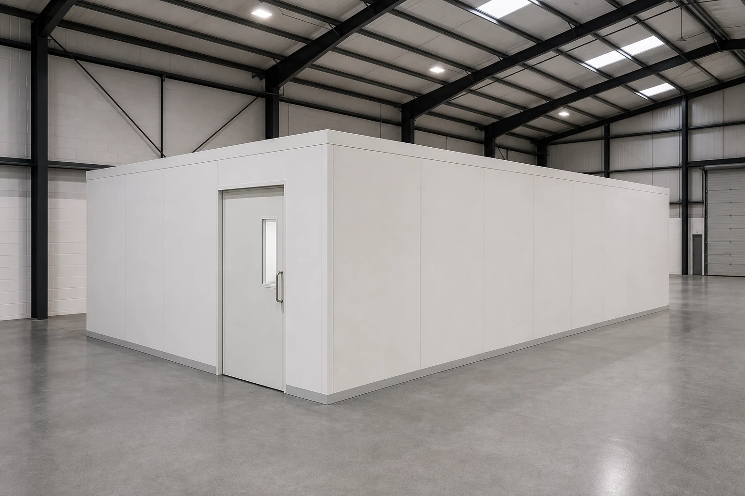 Modular cleanroom installed inside a tidy steel-framed warehouse.