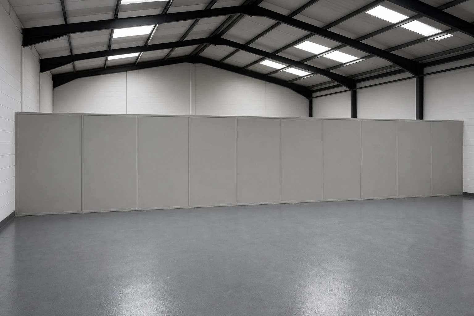 Open factory area divided by a simple partition that does not reach the ceiling.