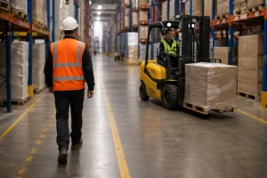 Busy warehouse aisle with safety markings