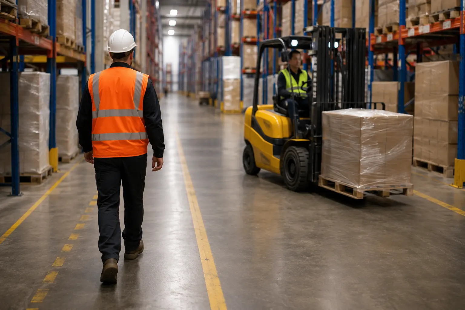 Busy warehouse aisle with safety markings
