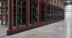 Anti-collapse mesh fitted behind pallet racking in a tidy warehouse.