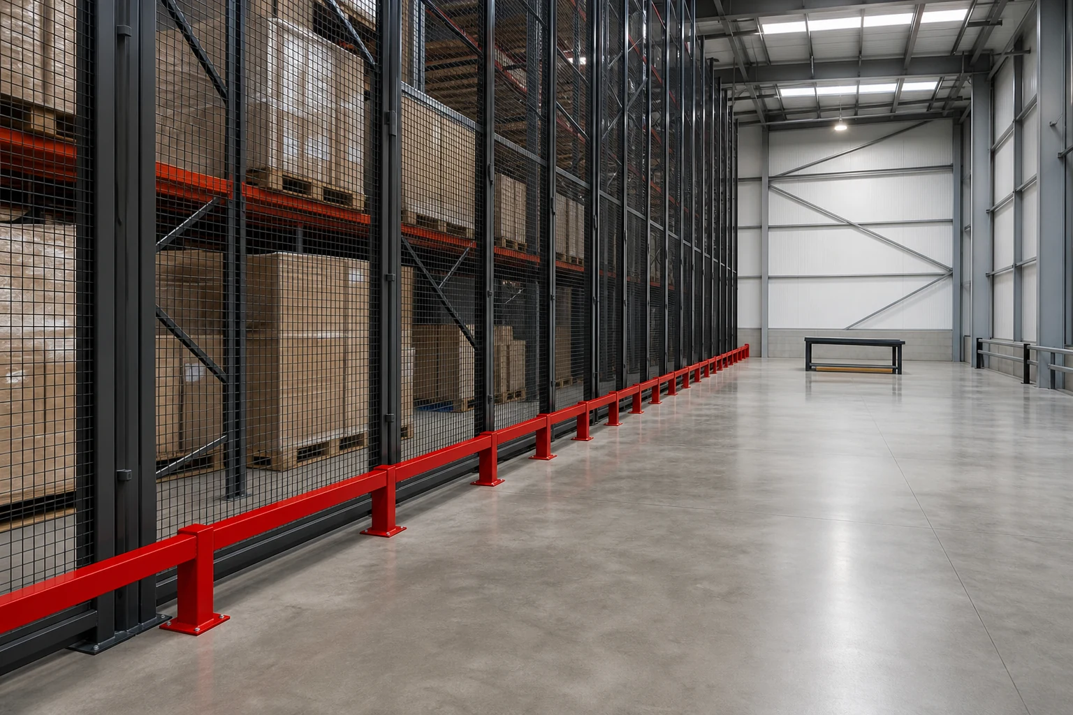 Anti-collapse mesh separating pallet racking from a shared work zone.