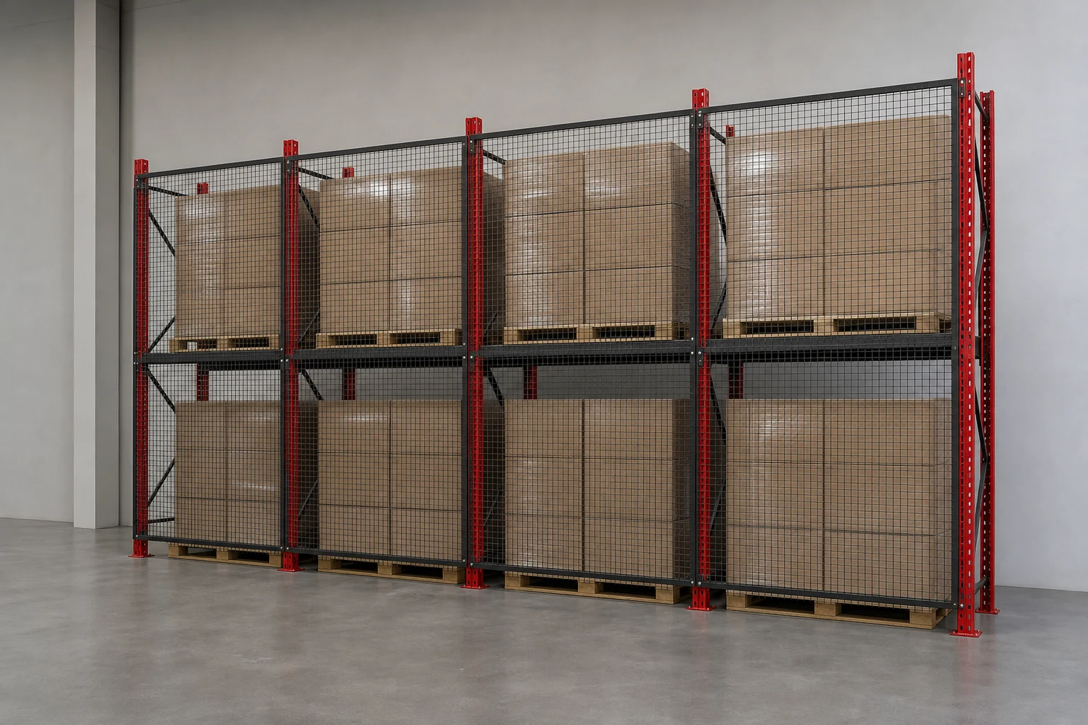 Exposed racking backs protected with anti-collapse mesh.