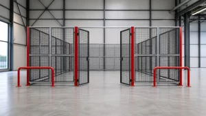 Double door mesh partition cage in a clean warehouse.