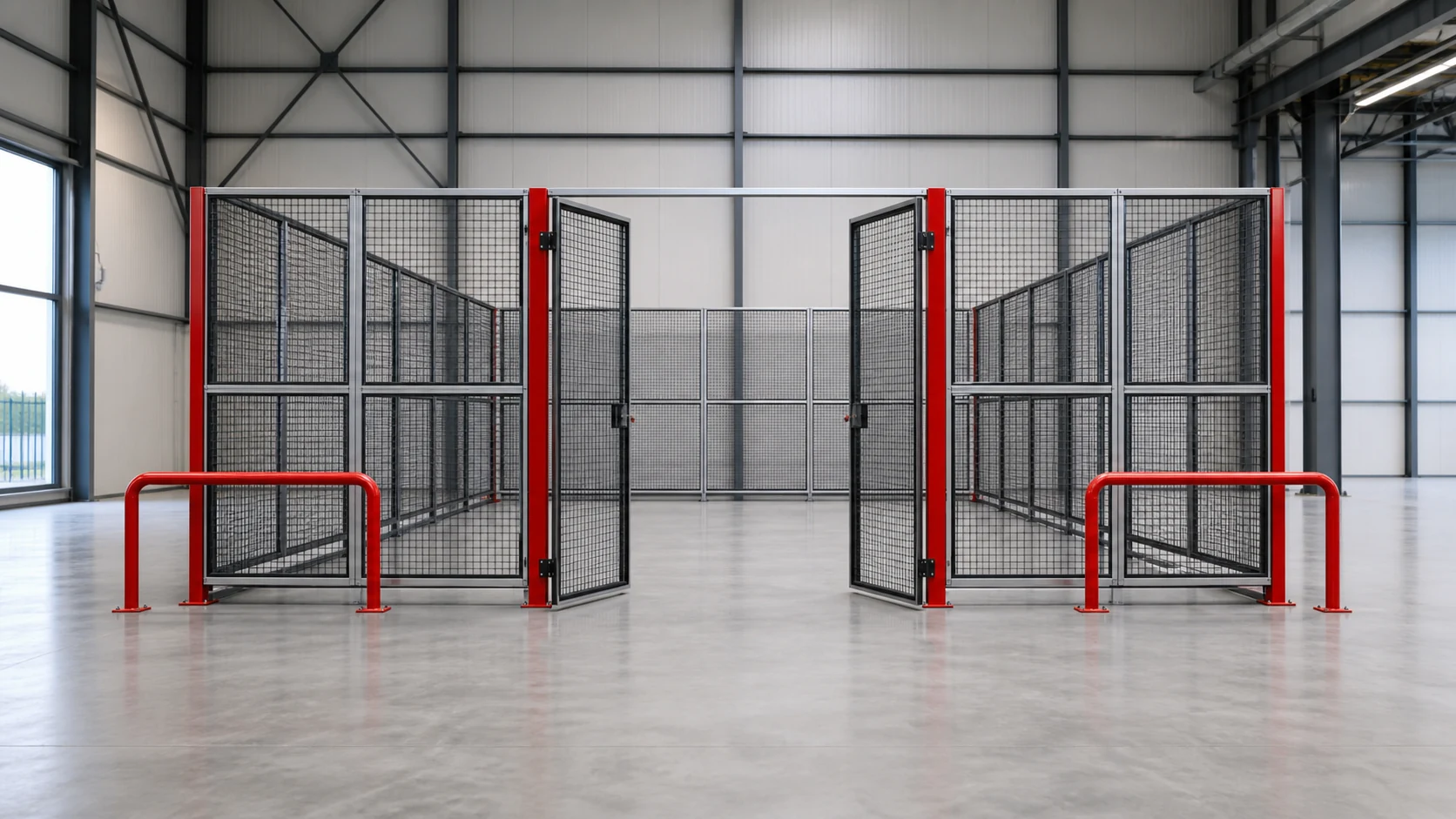 Double door mesh partition cage in a clean warehouse.
