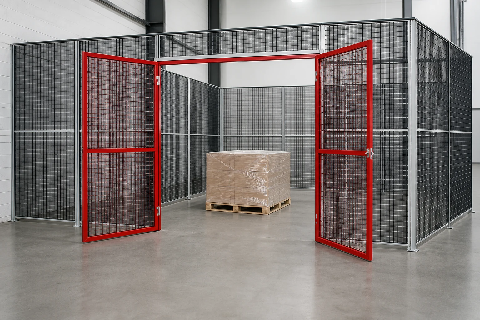 Open double doors on a mesh warehouse cage with pallet access.