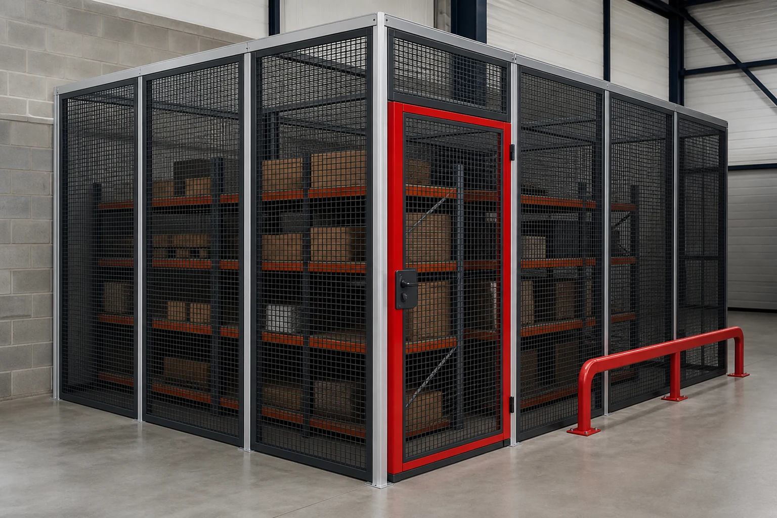 Visible mesh security cage with controlled double door access.