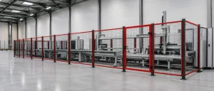 Automated production line protected by red and dark grey machine guarding.