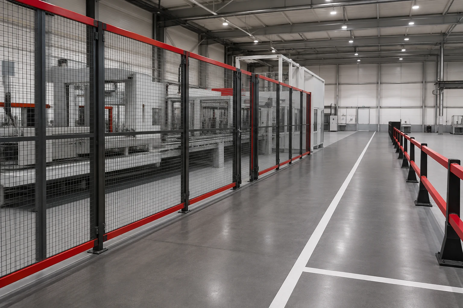 Clear factory route beside red and dark grey machine guarding.