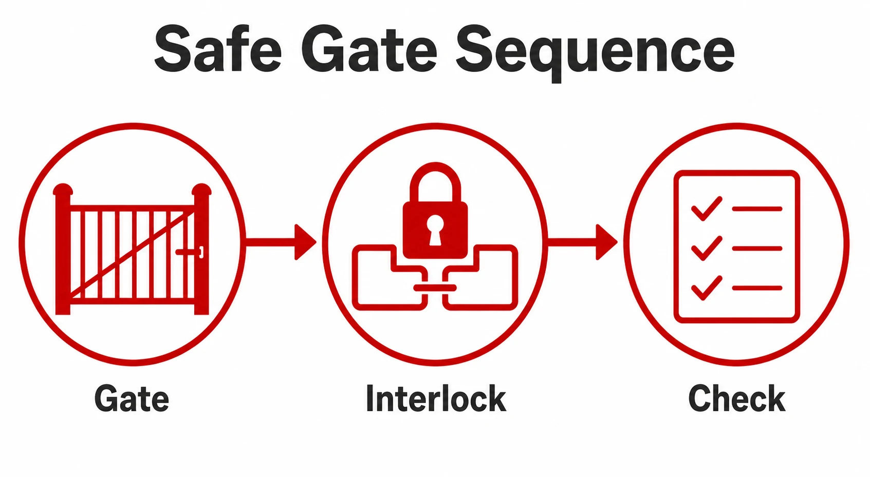 Three-step graphic linking a guard gate, interlock and safety check.