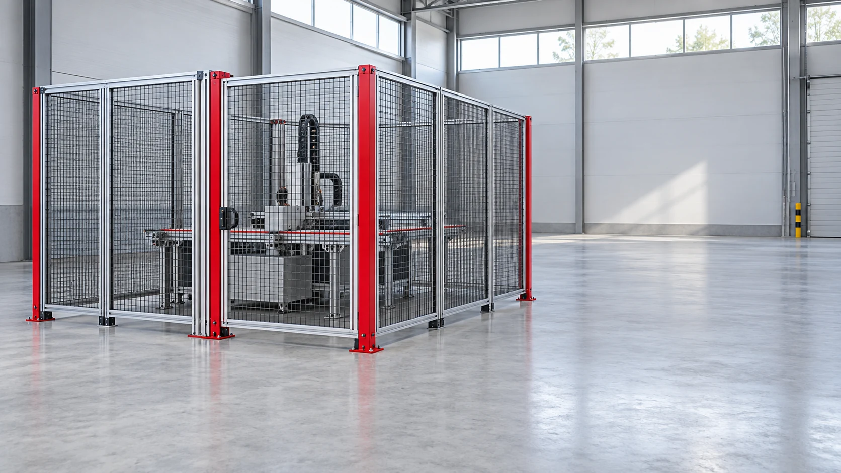 Clean aluminium profile machinery guard in a UK industrial warehouse